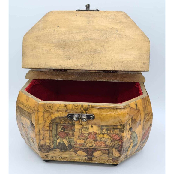 Vtg 1970s Artist Anton Pieck European Decoupage Wooden Box Red Velvet Lining - Picture 5 of 16